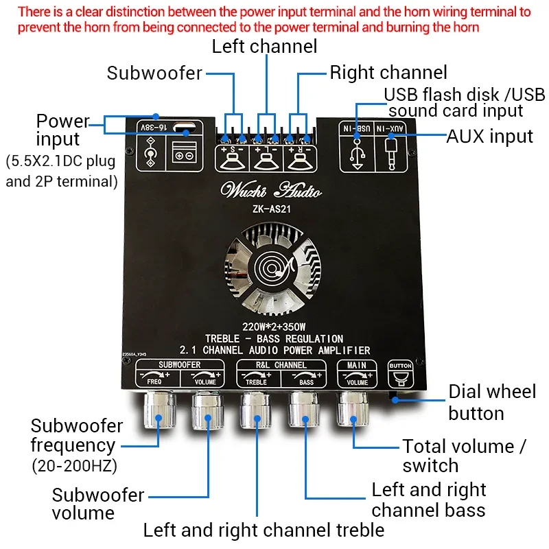 ZK-AS21 2.1 Channel TPA3255 Bluetooth Digital Power Amplifier Board Module High And Low Tone Subwoofer 220WX2+350W