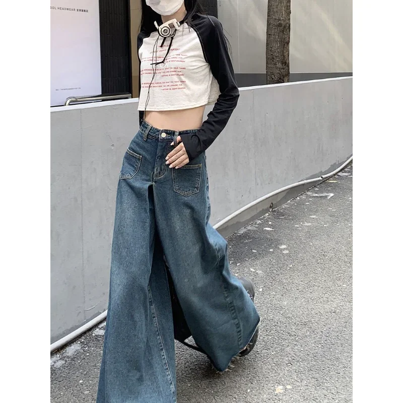 Oversized Vintage High Waist Jeans High Street Loose Wide Leg Jeans Fashion Korean Casual Solid Color Straight Trousers Q250