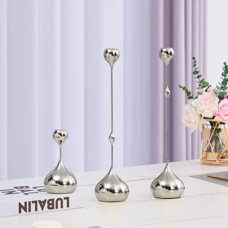 European Light Luxury Metal Water Drop Silver Candle Holder, Home Living Room Dining Table Decor, Model House Ornamentnt