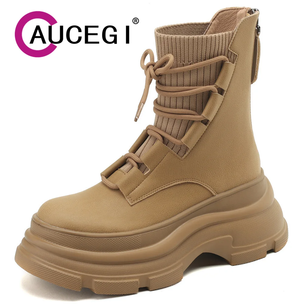 

Aucegi Newest Lace Up Round Toe Ankle Boots 2024 Fashion Luxury Genuine Leather Patchwork Knitting Neutral Comfortable Shoes