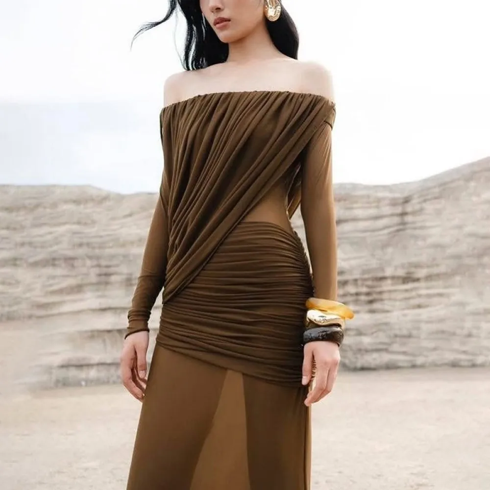 SylCue Ruched Elegant Long Dress Woman Slash Neck Backless Mesh Patchwork Full Sleeve Skinny Robe Midnight Prom Party Vestidos