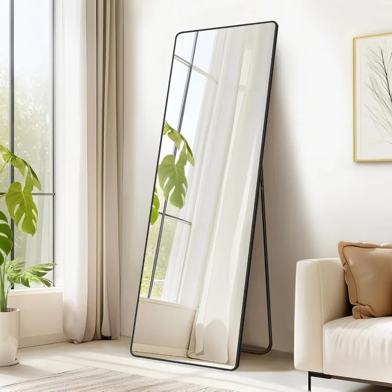 

Full Length Mirror, 63 x 20 Inches, Rectangle Full Body Mirror with Stand, Aluminum Alloy Frame Floor Mirror, Tempered Glass