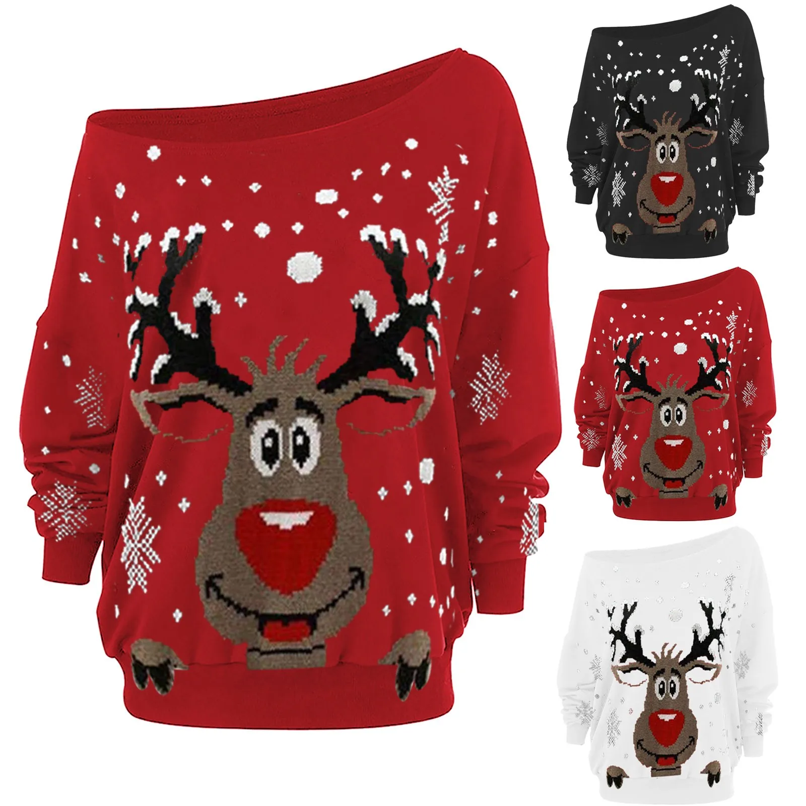 Christmas Sweatshirt Women Red Long Sleeve Print One Shouldert Solid Blouse Ugly Xmas Reindeer Sweater New Year Woman Pullover