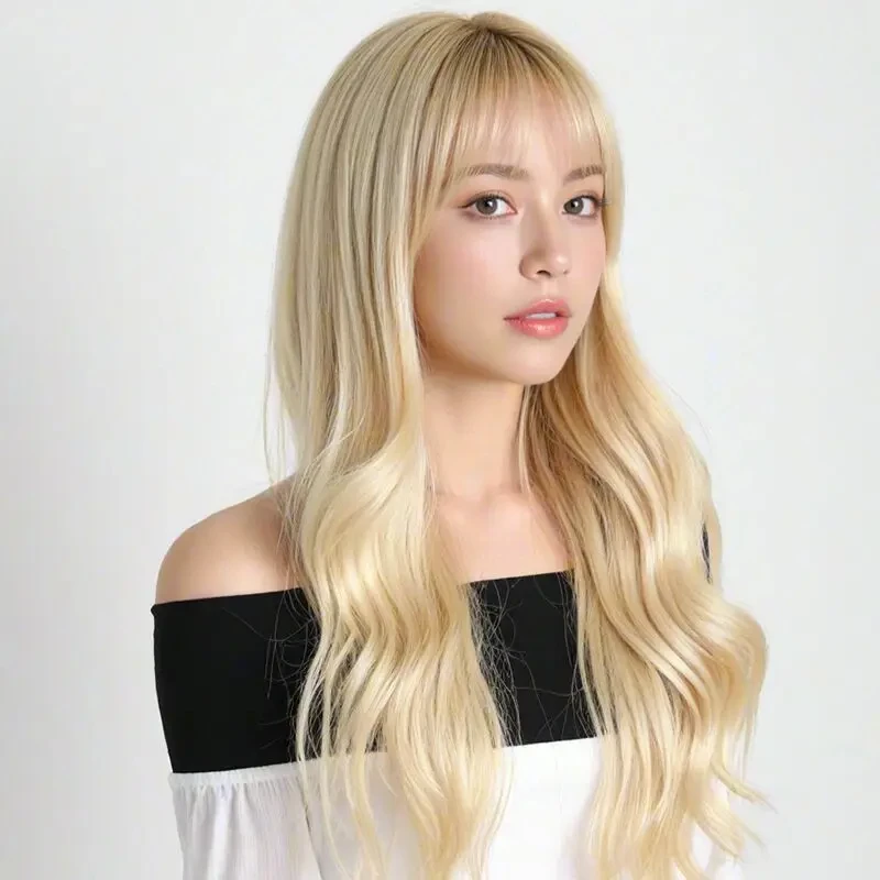 Golden wavy front fringe synthetic wig, Halloween party cosplay wig, everyday wig, hot wire wig headband