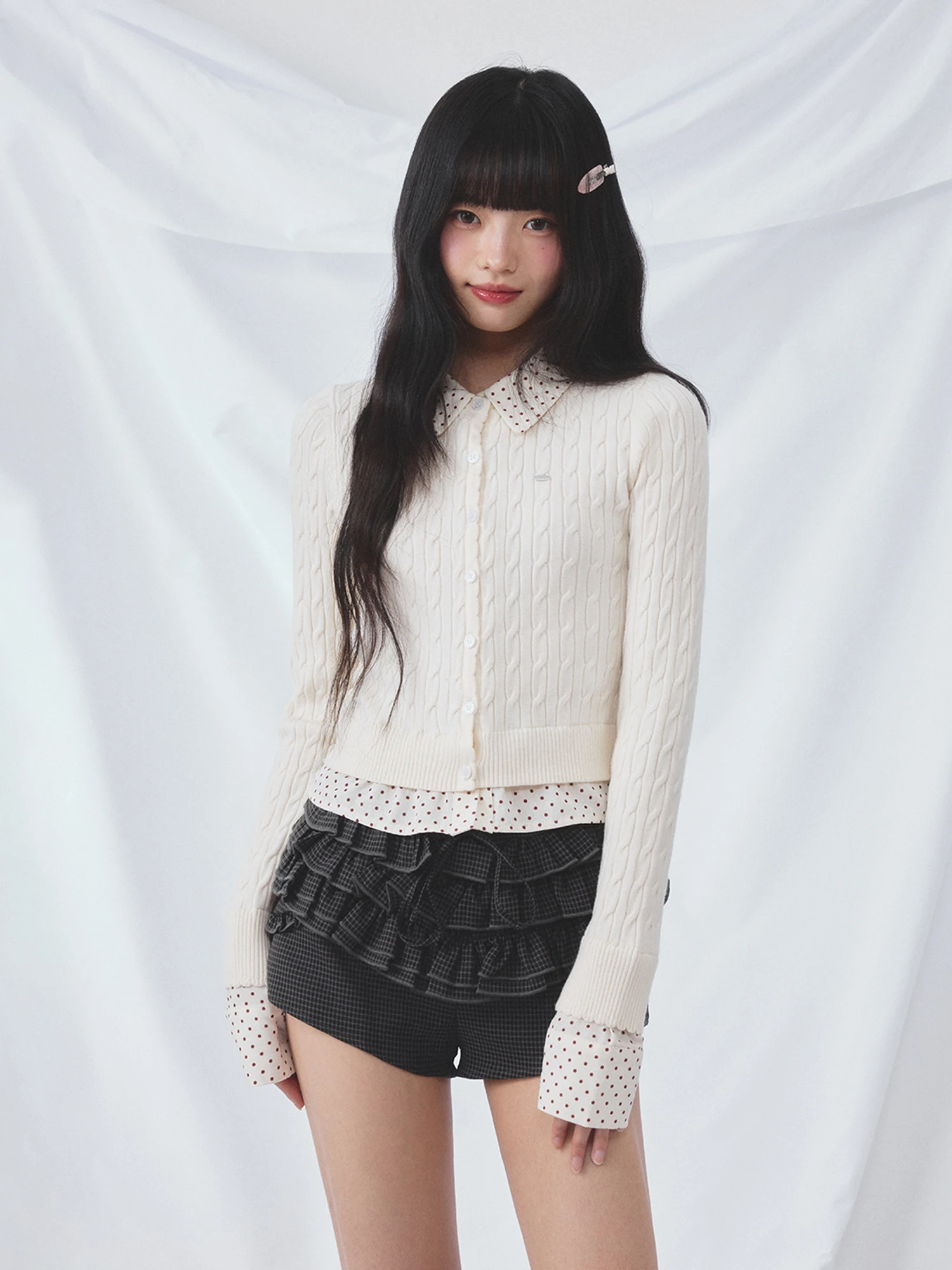 

Wedhub Polka Dot Splice Knitted Open Cardigan Women's Sle Casual Fit Spring Faion Long Sve Turn down Collar Top