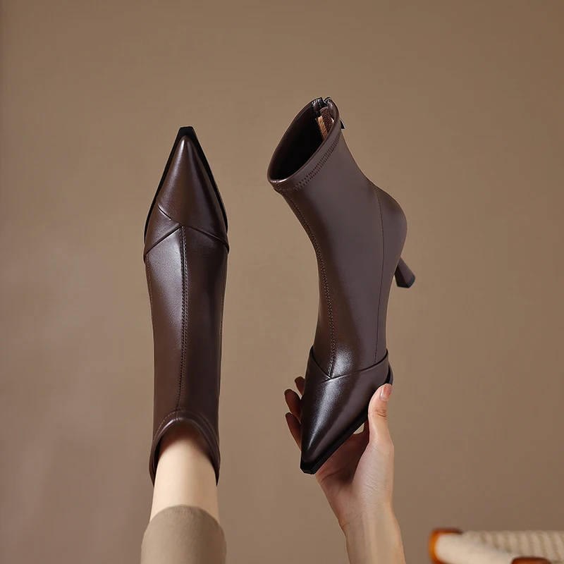 

Новинка 2026, осенне-зимние женские ботильоны высотой 22-24,5 см, узкие ботинки из эластичной кожи из микрофибры с острым носком на тонком высоком каблуке