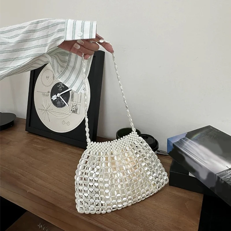 

Fashion Bling Sparkling Shoulder Bags Crystal Handmade Beaded Knitted Melon Seed Bag Handbag Underarm Bag Silver Shiny Bag