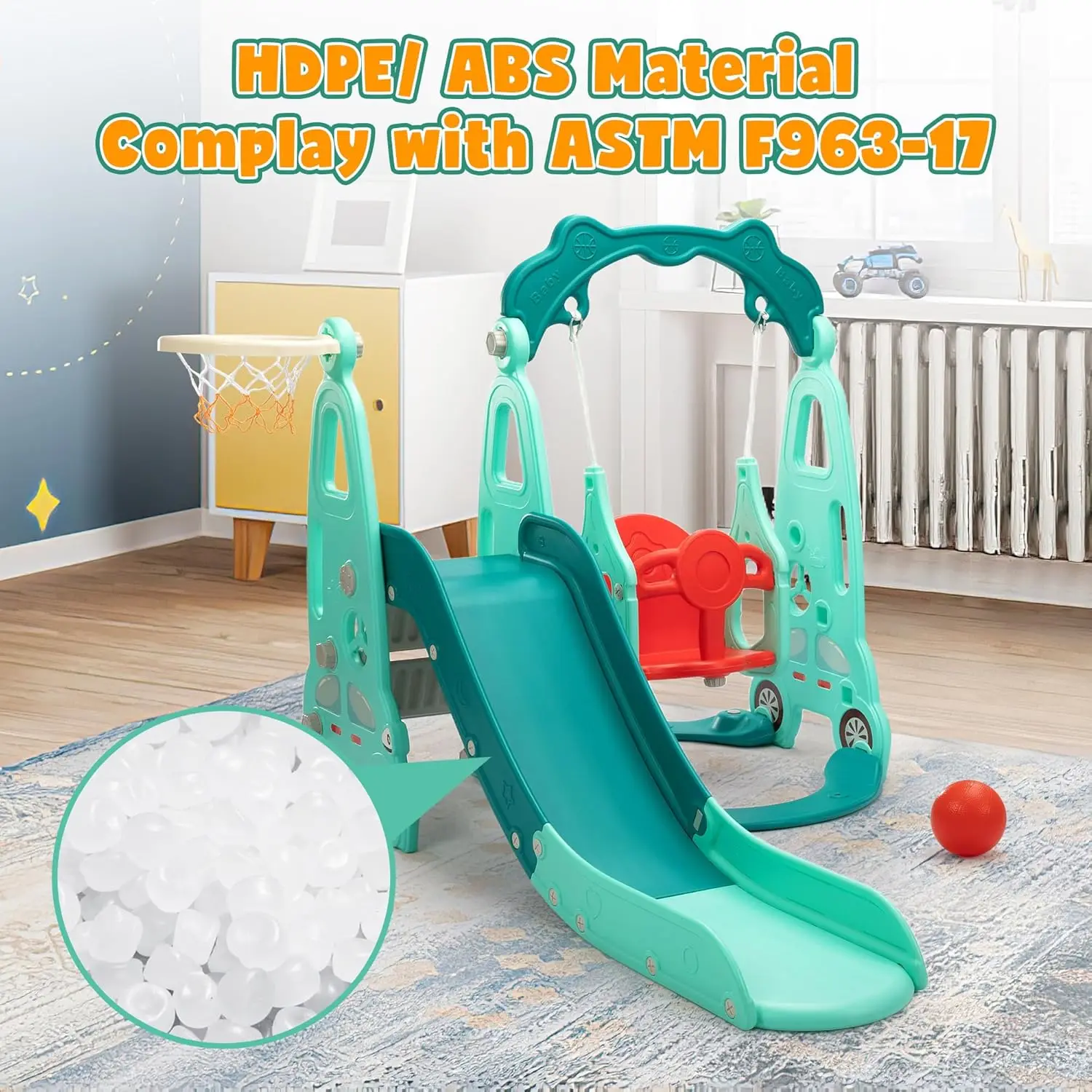 Set altalena per scalatore di diapositive 4 in 1, set da gioco per scalatore di diapositive per bambini indipendente con canestro da basket, parco giochi per bambini all'aperto per interni