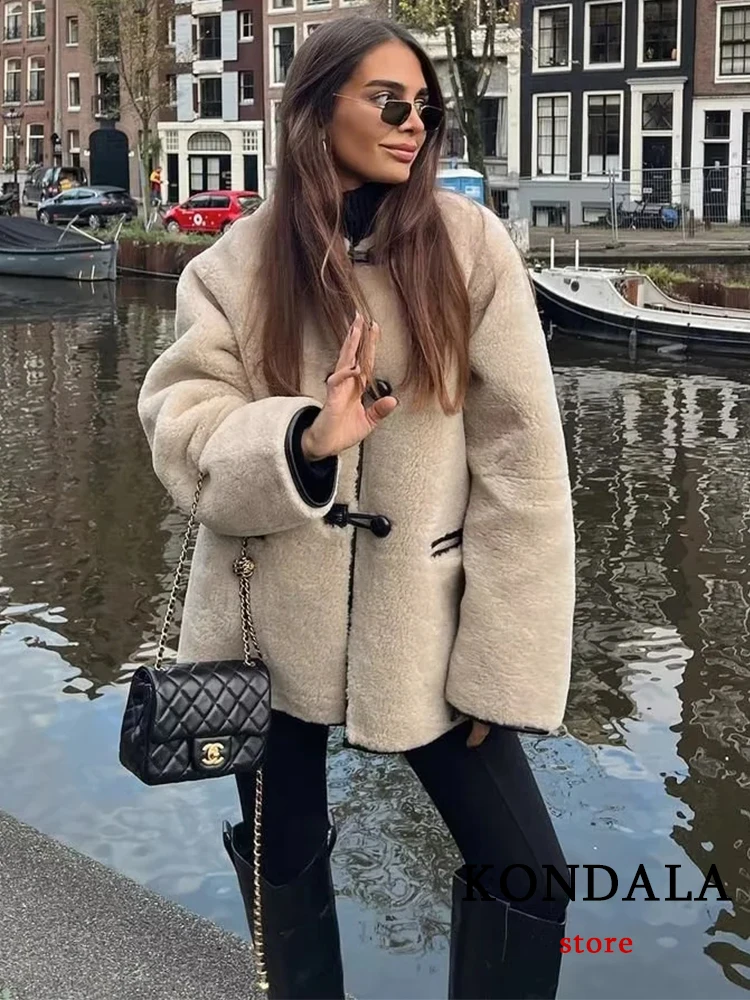 KONDALA Vintage Faux Fur Oversized Long Jackets Women Long Sleeve O Neck Autumn Winter Coats Female Fashion 2022 Casual Coats