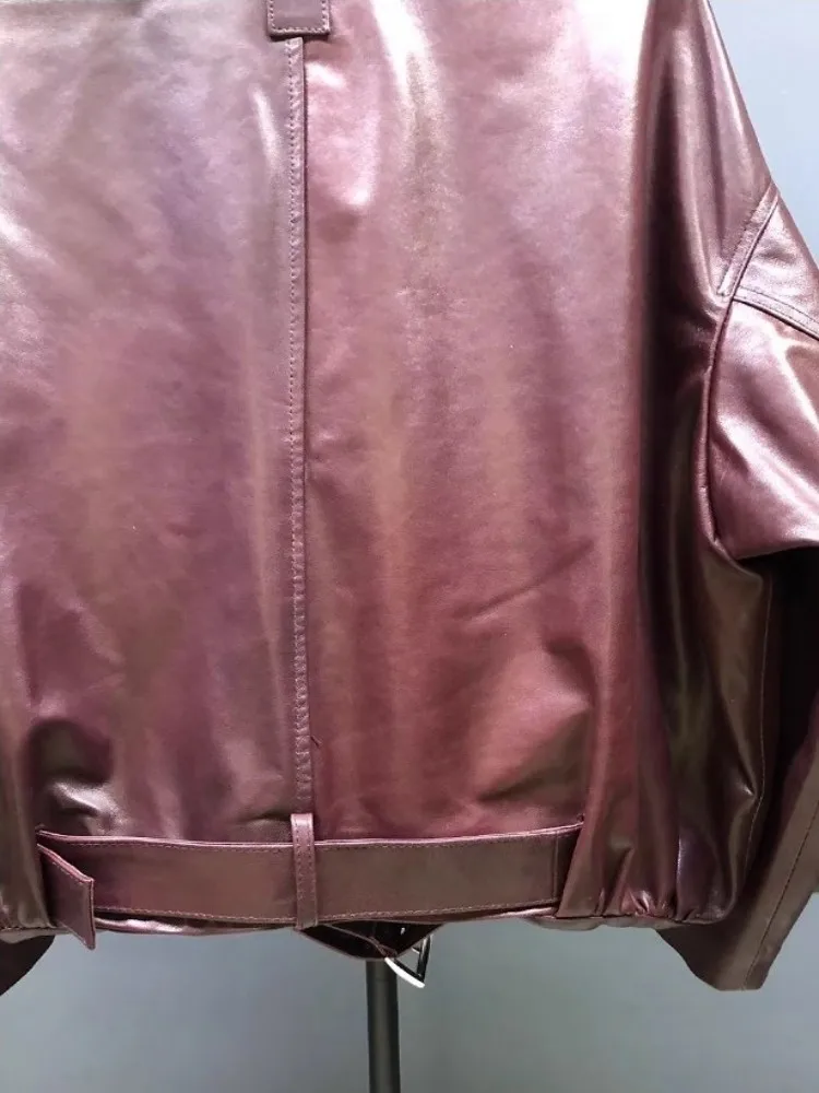 Top Quality Loose Fit Colletto alla coreana Giacca da donna in vera pelle retrò Cerniera Office Lady Autunno Cappotti capispalla in vera pelle di pecora