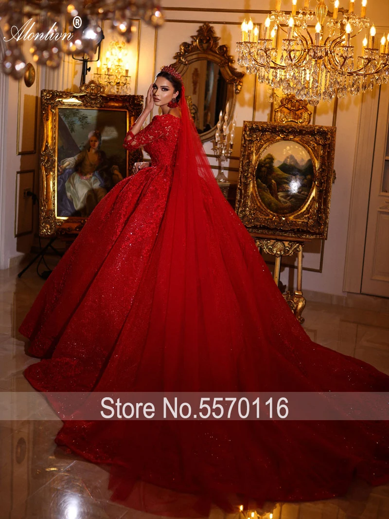 Alonlivn Luxury Beading Appliques Lace Ball Gown Wedding Dress Vestido De Noiva Full Sleeves Scalloped Princess Bridal Skirts