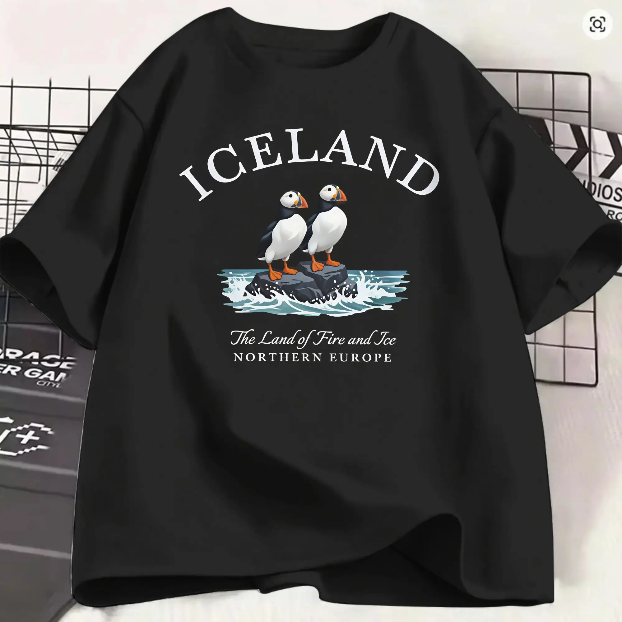 Harajuku T Shirt Beach Iceland Trending T-Shirts Puffin Bird Land of Fire and Ice Cotton Tshirt Adult Y2K Plus Size Short Sleeve