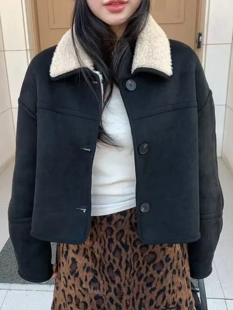 Retro sle ort pele de cordeiro jaet feminino fadable turn-down colarinho único botão couro e pele intercuído calor outerwear