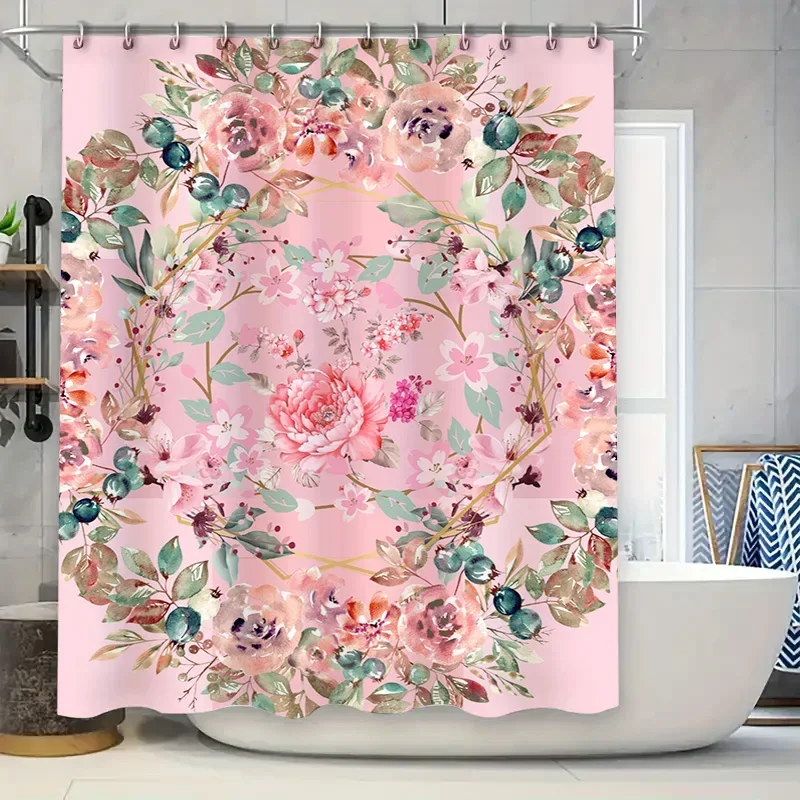 ~O~Delightful Pink Floral Bathroom Shower Curtain for Home Decor Lavender Green Flower Garden Design Waterproof Fabric Size 180c