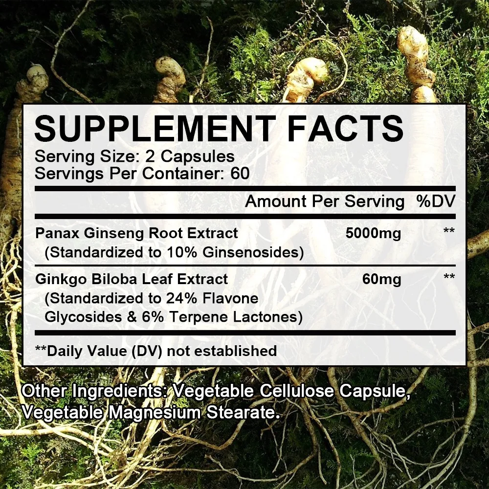 Premium Formula, Panax Ginseng + Ginkgo Biloba 5000mg - Energy, Performance & Cognitive Function Support, 120 Capsules