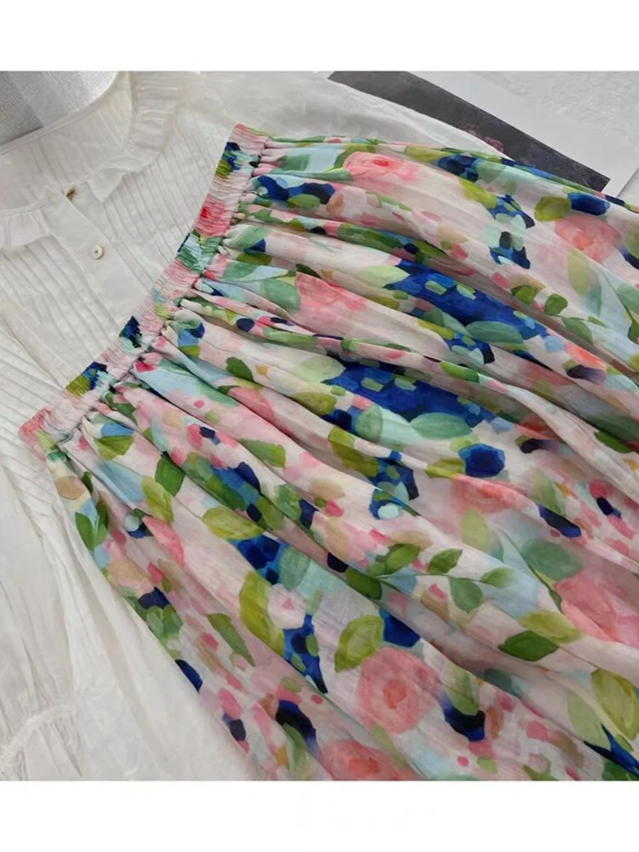 التخسيس عالية الخصر المطبوعة الأزهار f طول ألف خط تنورة المرأة الجديدة Sle النفط اللوحة Sle ميدي تنورة رقيقة التنانير