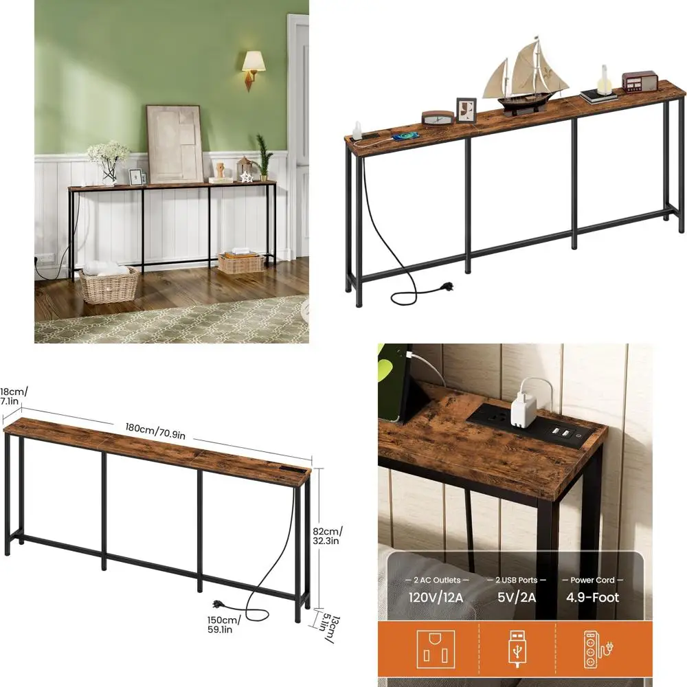 

Rustic Brown & Black Narrow Console Table, 70.9 Long with Power Outlet, Skinny Sofa Table for Hallway & Living Room, Charging St