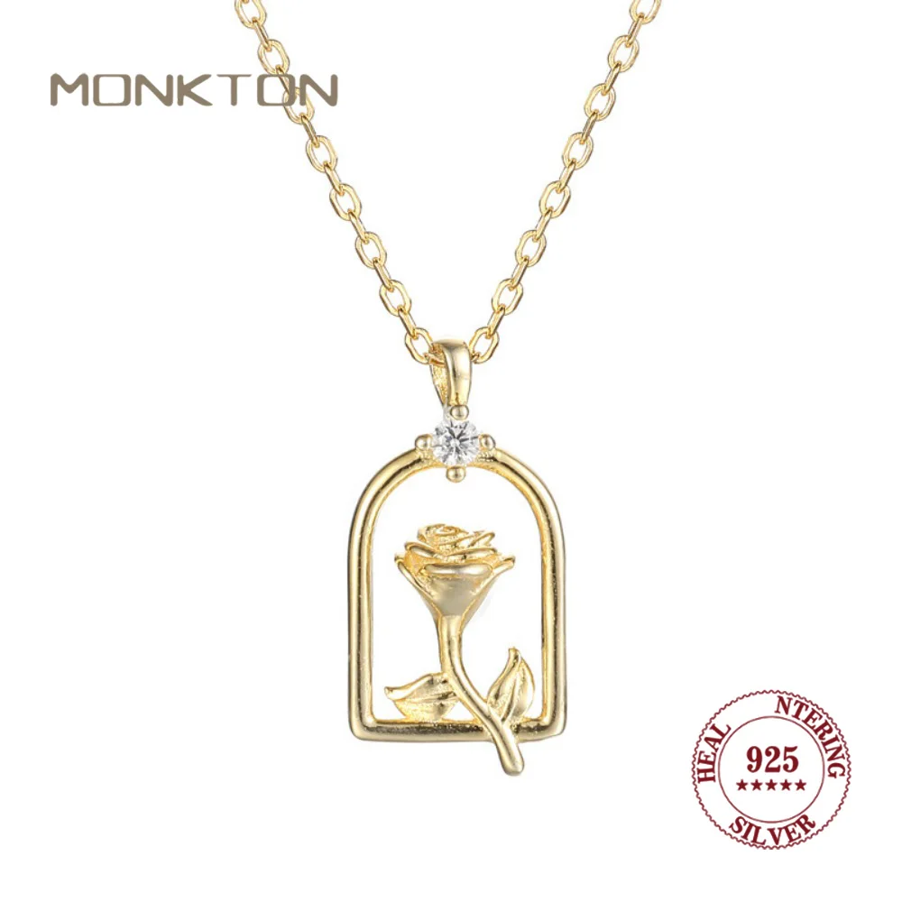

Monkton стерлингового серебра 925 пробы, кулон с зачарованной розой, циркониевое ожерелье, ювелирные изделия в сказочном стиле для женщин, идеальный ювелирный подарок