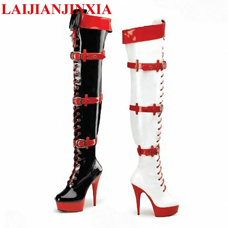 15cm ultra-high heel platform over-the-knee boots leather buckle fashion catwalk sexy pole dancing shoes T stage catwalk boots