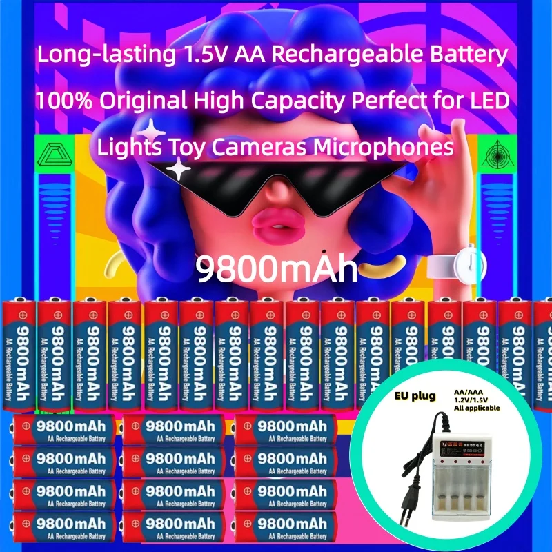 

9800mAh Long-lasting 1.5V AA Rechargeable Battery 100% Original High Capacity Perfect for LED Lights Toy Cameras Microphones