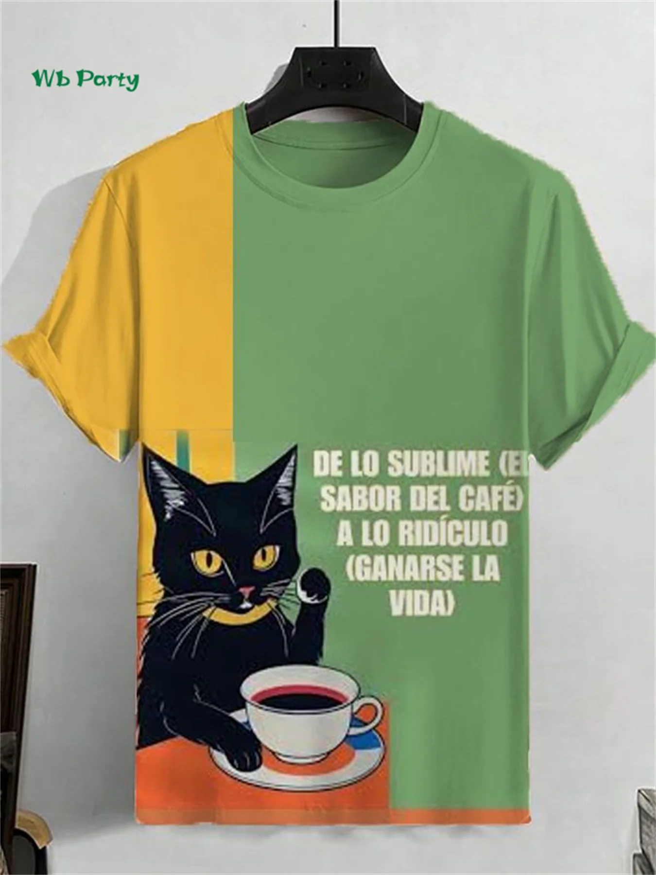 Camiseta divertida con estampado de gato y café para hombre, pantalón corto informal, camiseta de manga Hip Hop Street, Top con cuello redondo, ropa de verano de gran tamaño para hombre