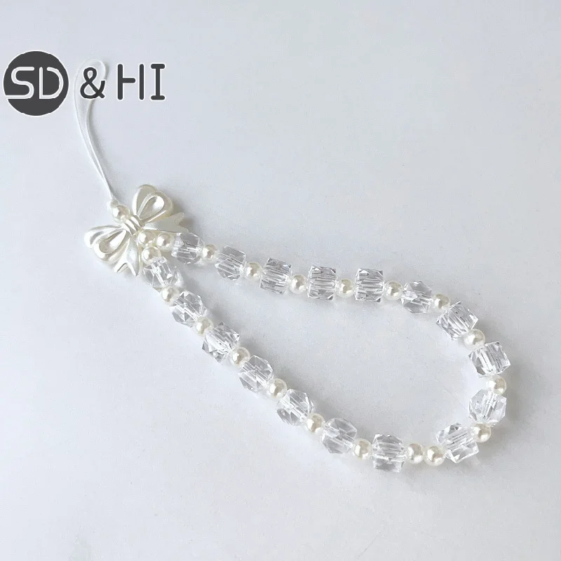 Transparent Bow Mobile Phone Lanyard Beaded Mobile Phone Chain Simple Women's Handmade Craftsmanship Fresh And Luxurious