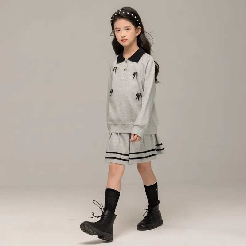 2026 Autumn spring New Girls set Clothes teenager bow cotton sweatshirts t-shirt + strip pleated skirt 4 6 8 18 years tracksuit