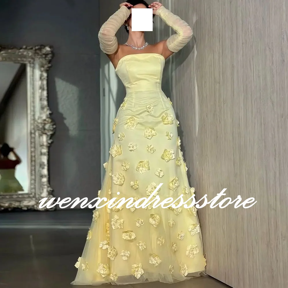 Yellow Detachable Sleeve 3/4 Sleeves Floor Length Satin Straight Evening Dress Elegant Pleats Flowers Sweep Train Party Gowns