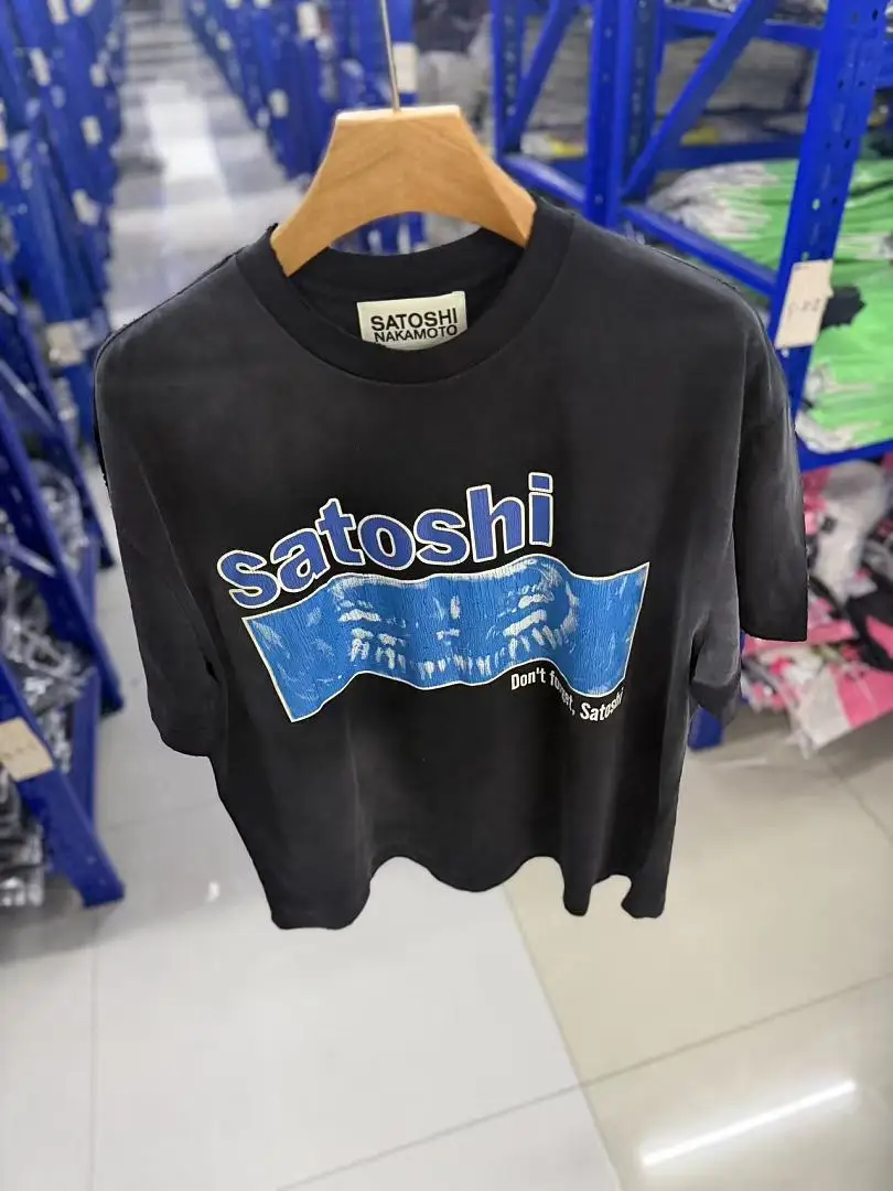 Oversized Nice Washed Black Satoshi Blue Box Portrait Print T Shirt Men Vintage Streetwear Cotton Short Sleeve Tees Summer