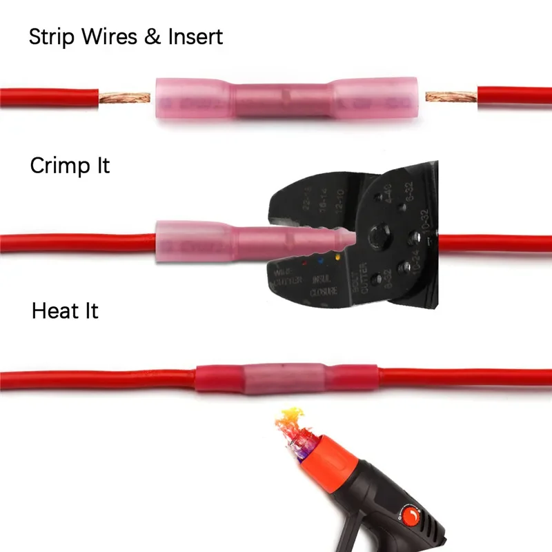 500/1000PCS Red Heat Shrink Connectors Insulated Waterproof Crimp Terminals Seal Butt  Electrical Wire Connector 22-18 AWG