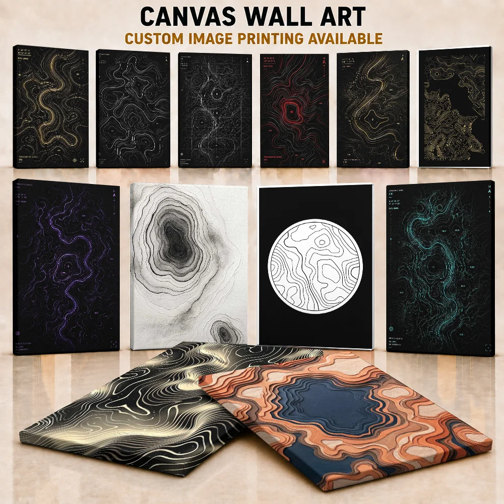 Abstract Topographic Map Art Canvas Print Posters Contour Style Wall Decor With Personalized Photo For Study Ideal Traveler Gift