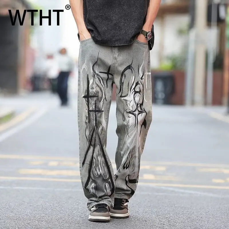 

WTHT Vintage Men's Graffiti Do Old American Style Denim Pants Fashion High-waisted Straight Jeans Male 2025 Summer 2A1220