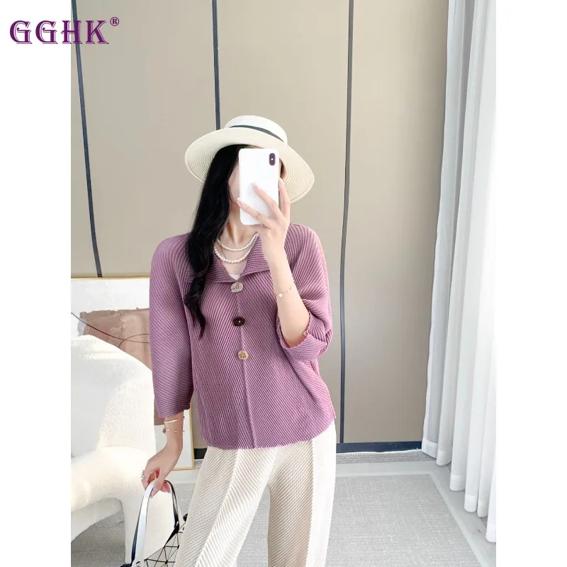 GGHK Pleated Women Fashion T-shirt 2024 Autumn New Solid Color Lapel Bat Sleeve Design Loose Large Size Female Tops