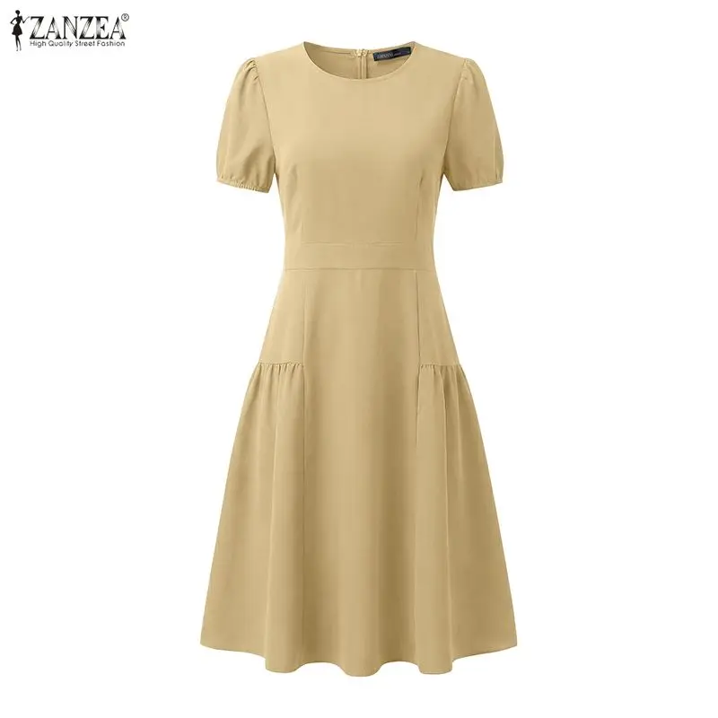 2026 ZANZEA Elegantes Kurzarm-Kleid für Damen Sommerliches Freizeitkleid Stilvolles Einfarbiges OL-Arbeitskleid A-Linie Figurbetontes Plissiertes Vestido
