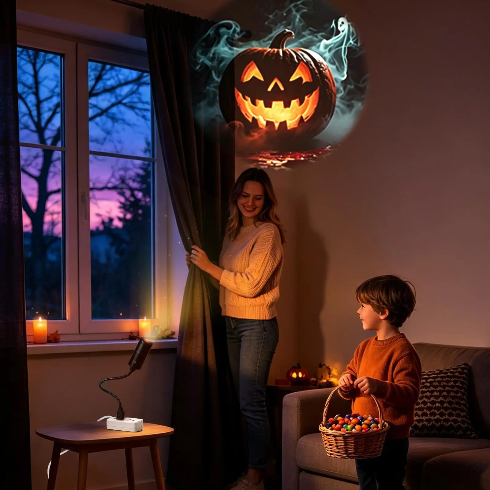 Projector Light 6 Patterns Halloween  Mini LED Spooky Projection Lamp Bat Skull Ghost Spider Atmosphere Light Home Party Decor