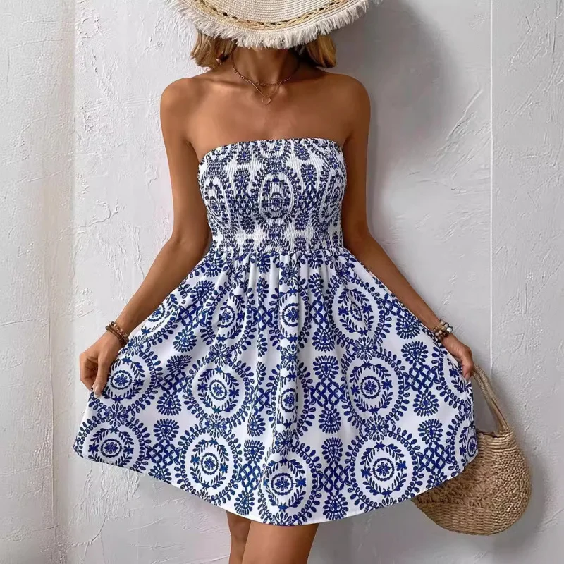 

2025Summer Elegant Women's Blue Printed Tube Top Dress Short Umbrella Skirt