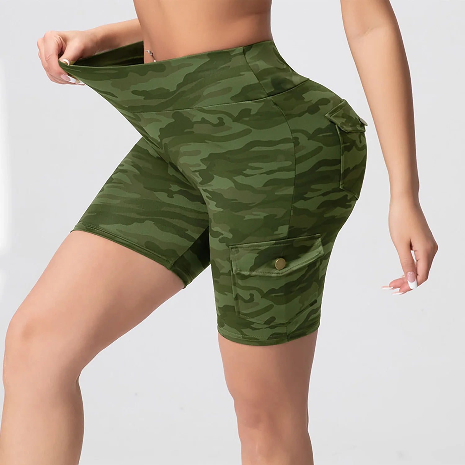 Pockets Camouflage Women's Sports Shorts High Waist Push Up Cycling Pants Fitness Outdoors Running Workout Shorts