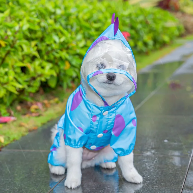 

Blue Dinosaur Rain Poncho Pet Rain Waterproof Clothes Summer Teddy Breathable Raincoat Bichon Frise Four Legs Split Button Shirt