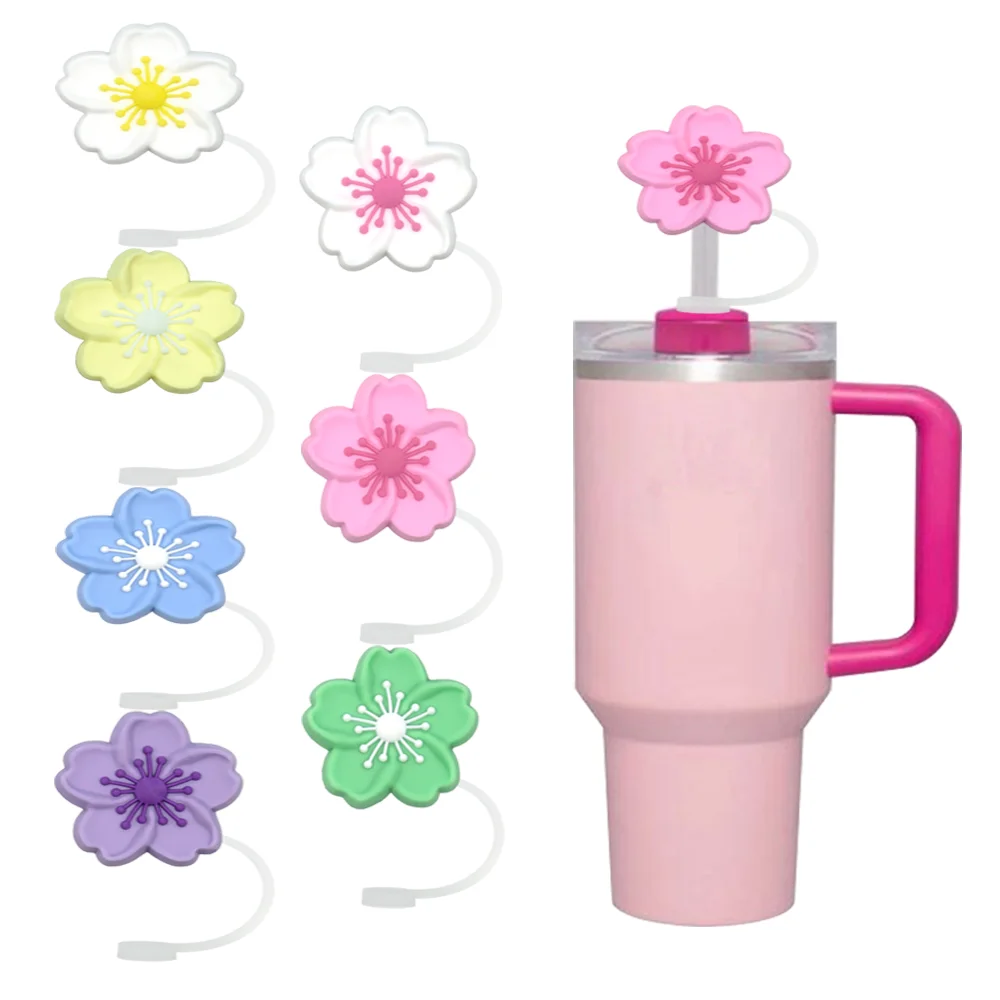 1-7Pcs Silicone Sakura Series Straw Covers Cap, 8mm Straw Toppers Tips Caliber with Applique Recyclable Soft Party Decoration