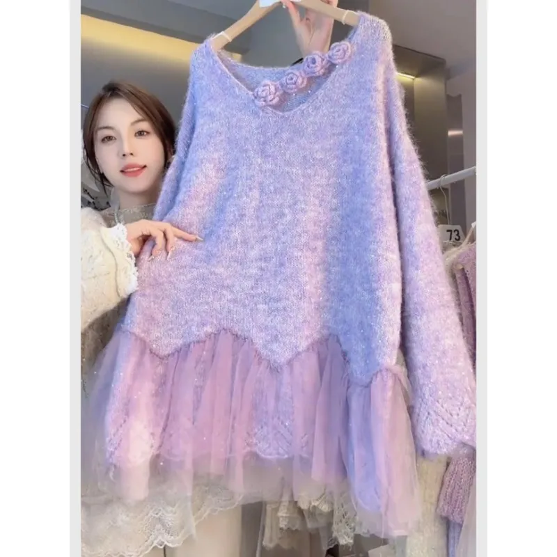 Корейская атмосфера, наряд ранней осени, фиолетовый свитер, топ, женский свитер, удобный универсальный пуловер