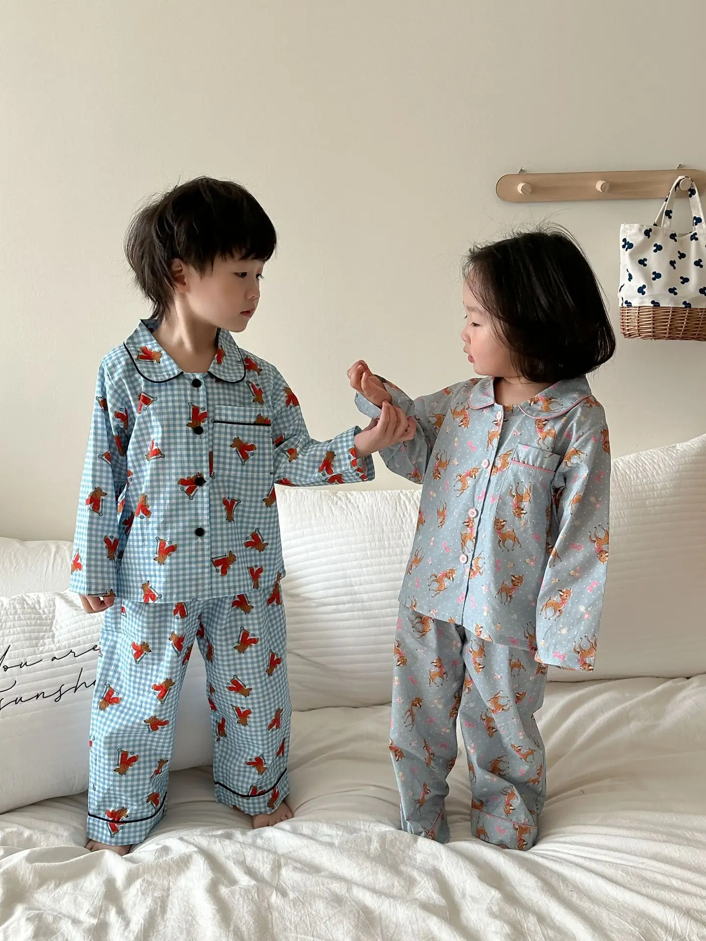 2024 Spring Children Cartoon Homewear Outfits Boy Girl Baby Print Lapel Tops + Pants Pajamas 2pcs Loose Kid Cotton Pyjamas Suit