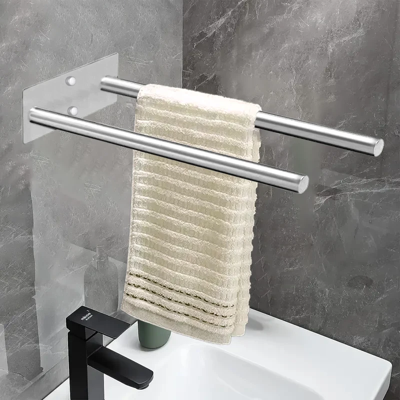 

Stainless Steel Towel Holder No Drill Wall Shower Towel Shelf Kitchen Towel Hanger Self Adhesive Double Bar Bathroom Towel Rack
