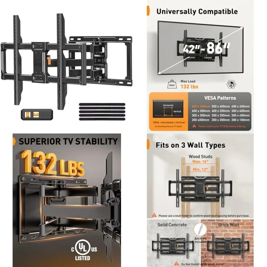 

Full Motion TV Wall Mount, Heavy Duty TV Mount for 42 55 65 75 85 86 inch Flat/Curved TVs up to 132 lbs, Swivel Tilt Articulating Wall Mount TV Bracket, 16" Studs, Max VESA 600x400mm