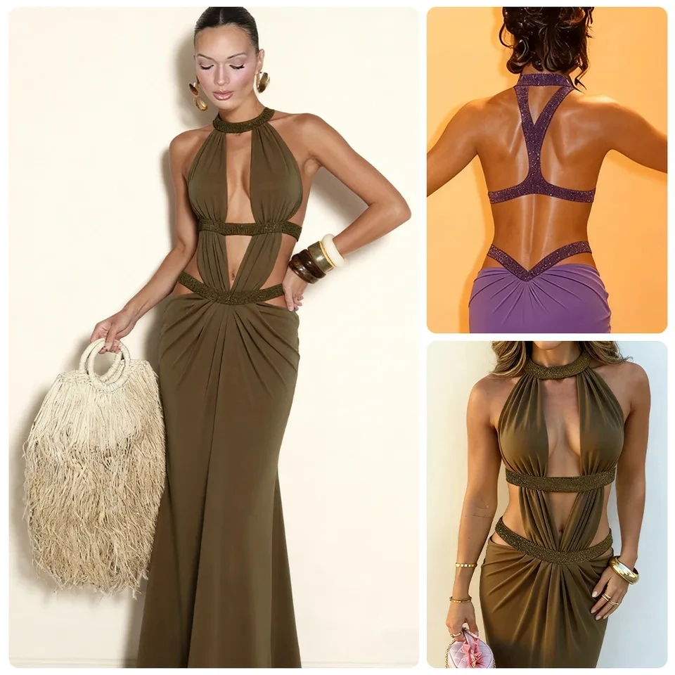 

2026 Luxury Lady Style Pure Color Halter Deep V Hollow Out Puff Sleeve Waist Cinched Long Dress