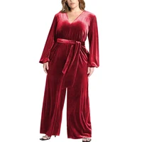 Plus Size Women V Neck Long Sleeve Slim Fit Jumpsuits Velvet Elegance Casual One Piece Catsuit Solid Vintage Party Club Rompers - Image 4