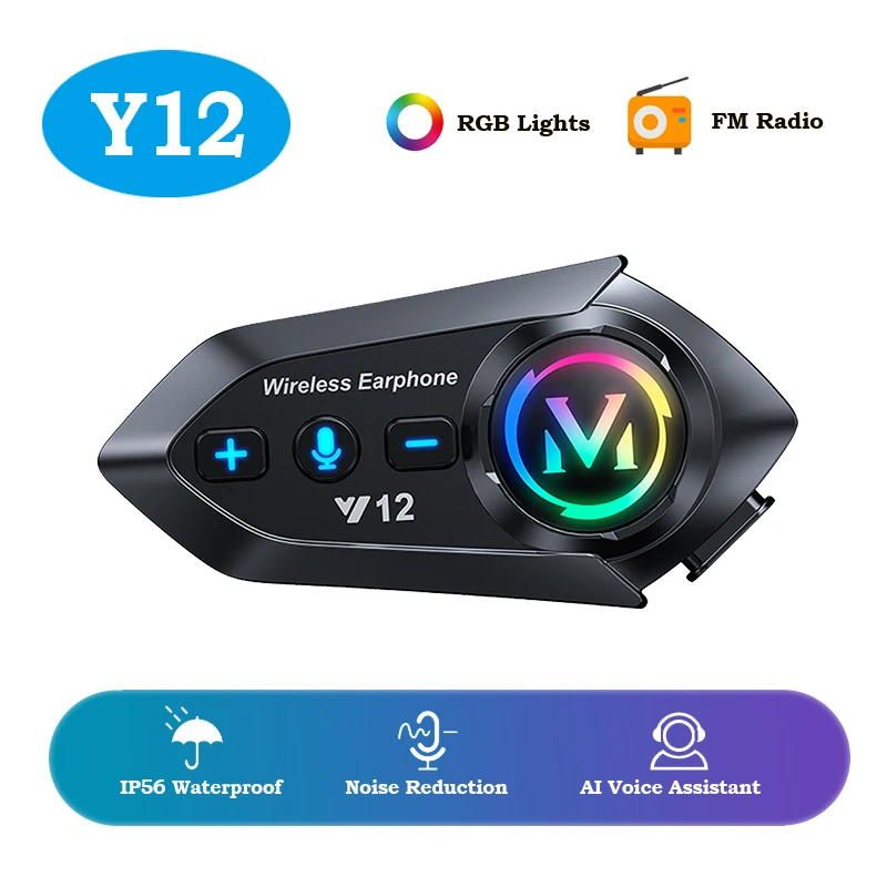 

Y12 Motorcycle Helmet Headset Bluetooth V5.4 IP56 Deep Waterproof Battery 500mAh CVC+DSP Noise Reduction Connect 2 Mobile Phone