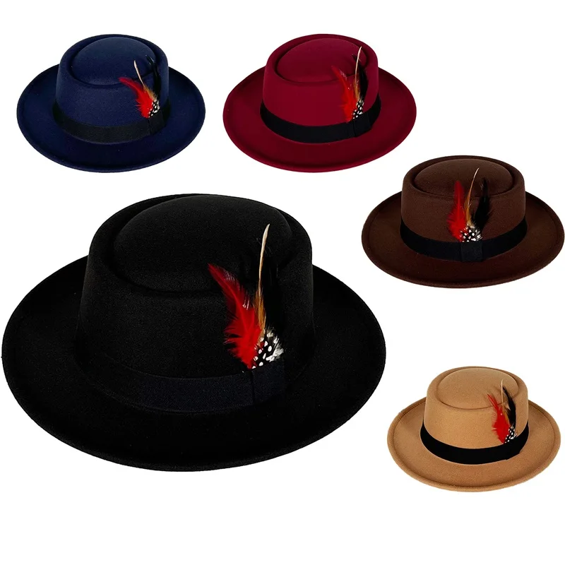 Women's Flat Fedoras Hat Classic Retro Boater Hats with Feather Decor Casual Panama Dress Cap for Clothes Accessories