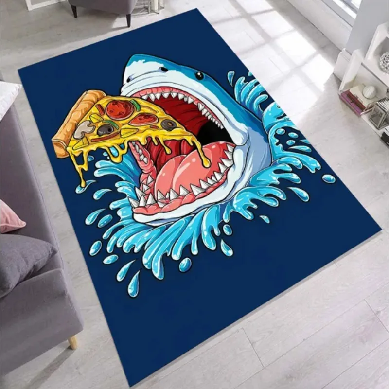 Funny Shark Pizza Rug Playful Cartoon Ocean Carpet for Teen Room Living Room Bedroom Home Decoration Carpet
