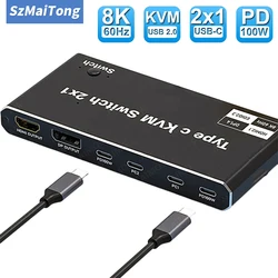 2x1 8K Thunderbolt 3 USB C KVM Switch 100W PD Charger 8K 60Hz Type C KVM Switch Switcher for 2 Computer 1 Monitor