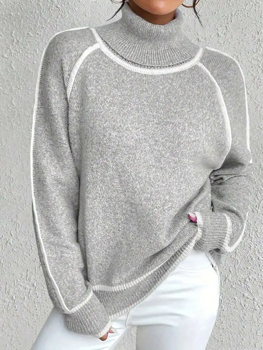 

Women's Loose Fit Turtleneck Knit Sweater with Contrast Trim